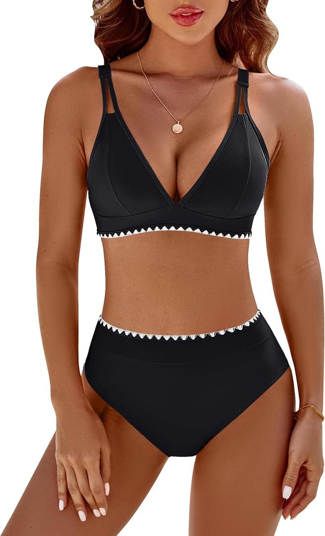 BMJL Women's Bikini Sets V Neck High Waisted Swimsuits Shell Stitched Cheeky Two Piece Bathing Suit (Small, Black039)