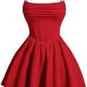 SHENHE Women's Ruched Corset Dress Spaghetti Strap Fit and Flare Flowy Skater Mini Cami Dress, M