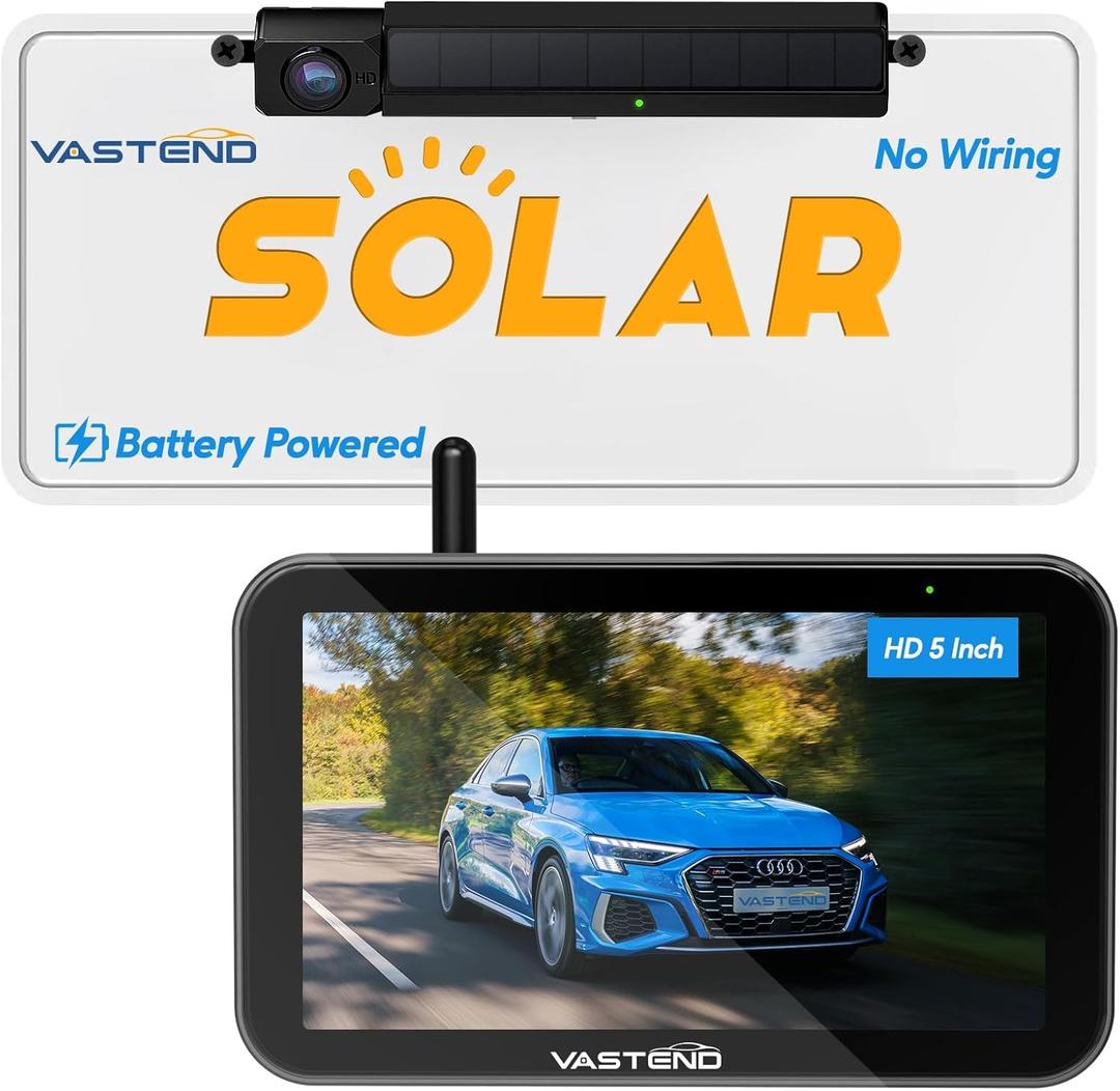 Solar Wireless Backup Camera with 5" Monitor VASTEND Battery Powered RV Camera System 3 Mins DIY Installation Rear View Camera HD 1080P Reverse Camera for Car Van SUV (VS-5A)
