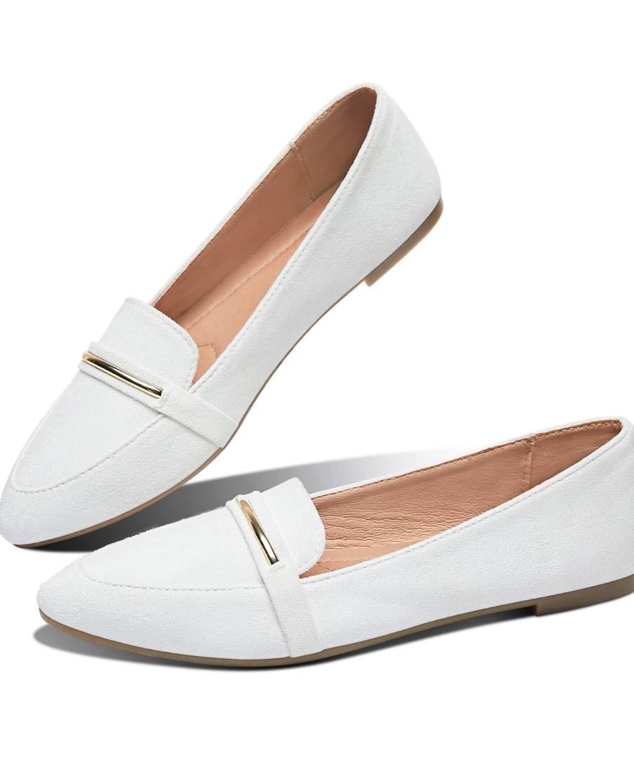 Obtaom Women's Pointy Toe Loafer Flat Comfortable Faux Suede Work Shoes,Cute Penny Loafer Slip On Ballet Flat, White, Size  8