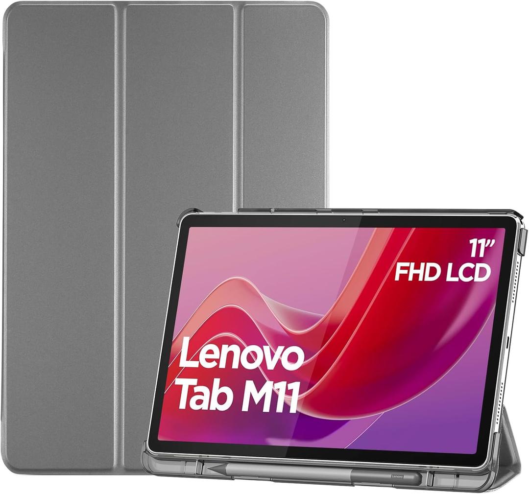 ProCase Smart Case for Lenovo Tab M11/Tab K11 LTE 11" 2024 TB330FU with Pen Holder, Slim Stand Tri-Fold Hard Shell Protective Tablet Cover Translucent Back Case Support Auto Wake/Sleep -Grey