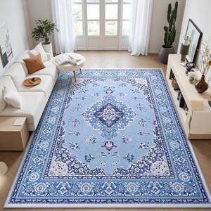 Tepook Large Washable Area Rug for Living Room, 8x10 Bright Blue Boho Rugs for Bedroom, Non-Slip Thin Low Pile Vintage Throw Carpet for Office Dining Room Kitchen Home Decor