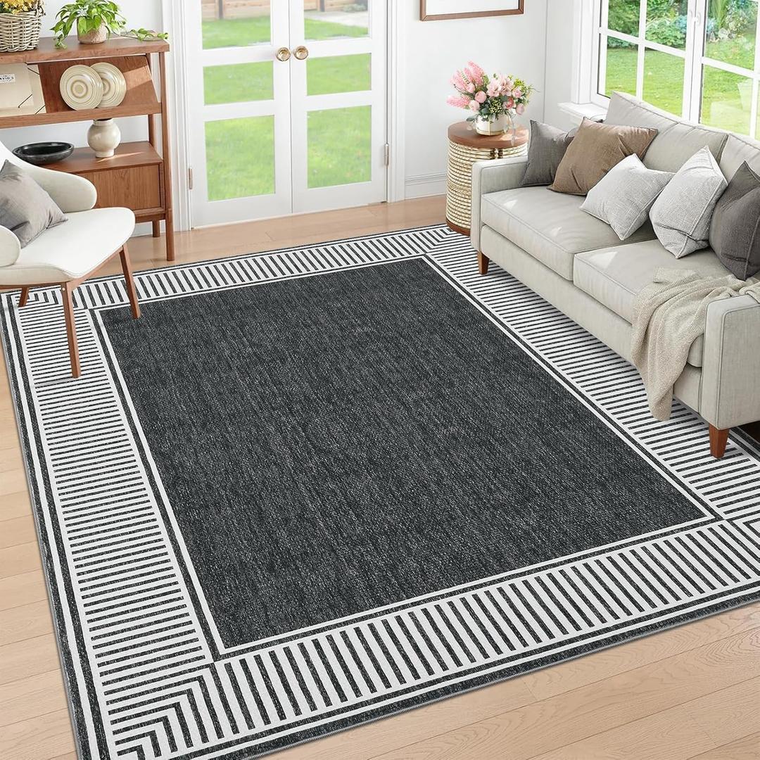GarveeHome Bordered Rug 4x6 Washable Rug for Living Room Modern Striped Border Area Rug Non Slip Low Pile Dining Room Throw Carpet Contemporary Carpet for Entryway Kitchen Nursery, Black