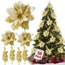50pcs Glitter Poinsettia Christmas Ornaments, Artificial Flowers with Clips Stems for DIY Wreath Making, Holiday Home Party Decorations, Indoor Use (Gold)