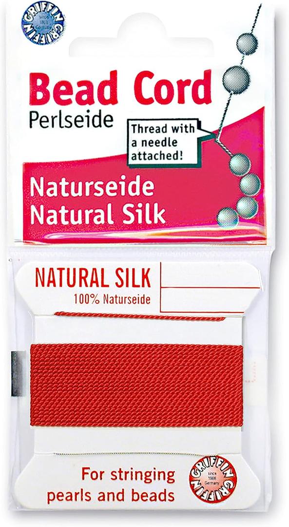 Griffin Silk Bead Cord Perlseide  Red Color  Size 4 (0.60mm)  2 Meters per Card  Stainless Steel Needle Attached  for Knotting Pearls, Gemstones, Crystals and Beads