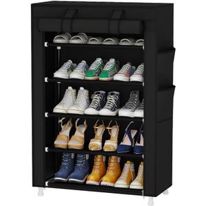 Calmootey 5 Tier Shoe Rack Organizer,Portable Shoe Shelf with Nonwoven Fabric Cover for Closet Hallway,Bedroom,Entryway,Black
