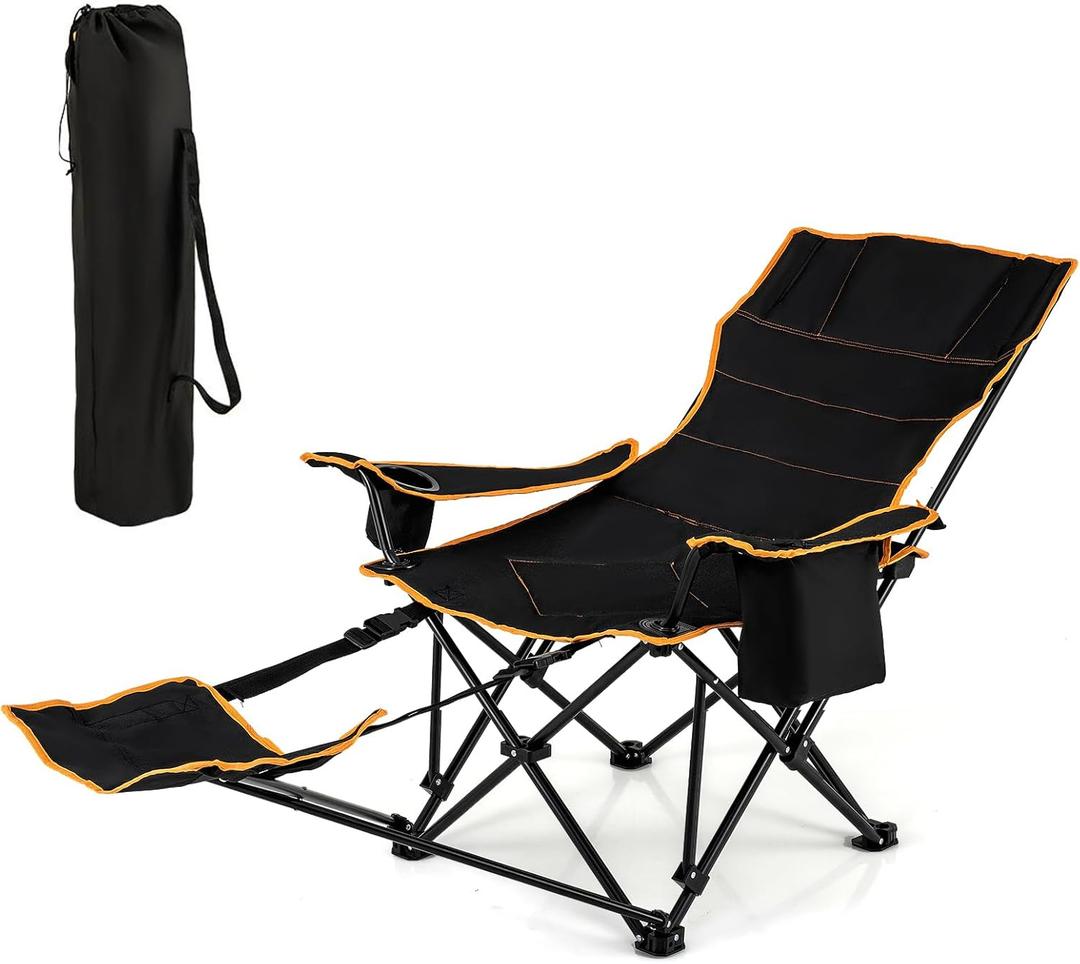 KOTEK Reclining Camping Chair, Portable Camp Chair with Removable Footrest, Adjustable Backrest, Cup Holder, Cooler Bag & Carry Bag, Folding Lawn Chair for Adults Outdoor Activities (1)