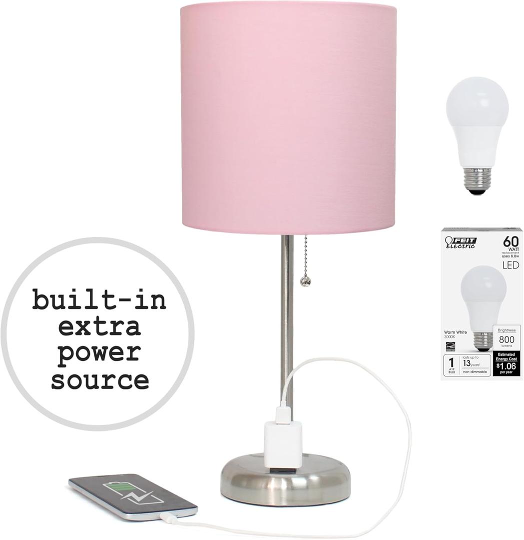 Simple Designs LT2024-LPK-LB 19.5" Brushed Steel Stick Table Desk Lamp with Charging Outlet and Drum Fabric Shade for Hallway, Nightstand, Office, Light Pink Shade, with Feit LED Bulb Included