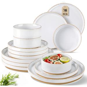 AmorArc Ceramic Dinnerware Sets for 6, 18 Pieces Handpainted Plates and Bowls Set with Rustic Terracotta Underside, Scratch Resistant Stoneware Dishes Set, Dishwasher & Microwave Safe (White (Handbrush Rim))