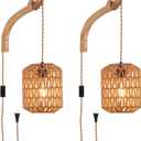 Plug in Wall Sconce,Farmhouse Wicker Wall Lamp Plug in,Hand Woven Rattan Wall Light Farmhouse Rustic Boho Sconces Wall Lighting for Living Room Bedroom