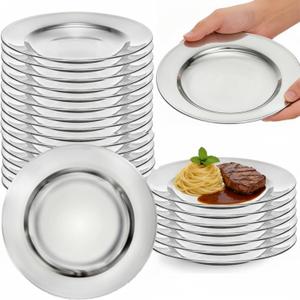 24 Pack Stainless Steel Dinner Plates, 8 Inch Metal Lightweight Unbreakable Camping Dishes, Round Reusable Serving Platter Feeding Tray for Home, Picnic, BBQ, Dishwasher Safe