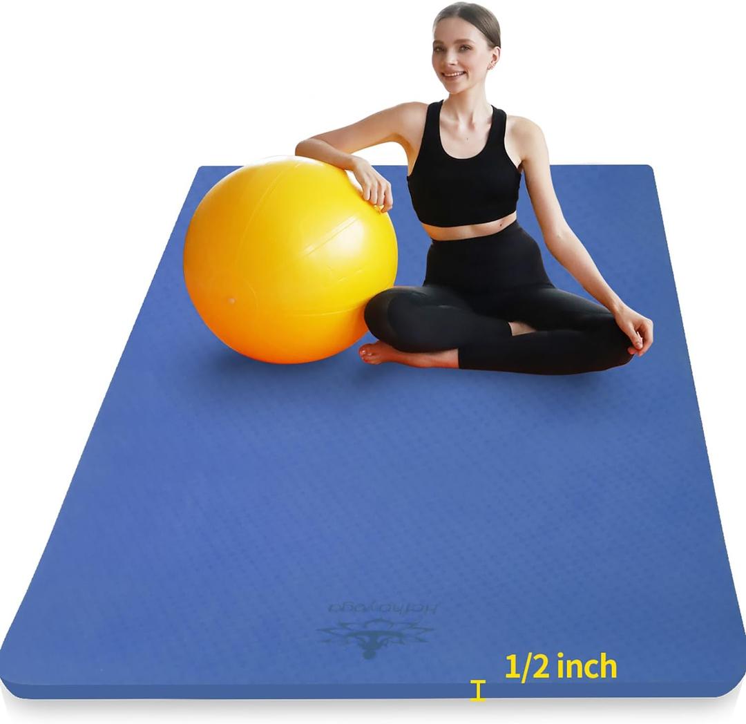 Hatha Yoga Large TPE Yoga Mat 6'x4'x1/2" Extra Thick Non-Slip Exercise Mat - for Yoga Pilates & Home Gym Workouts (Blue)