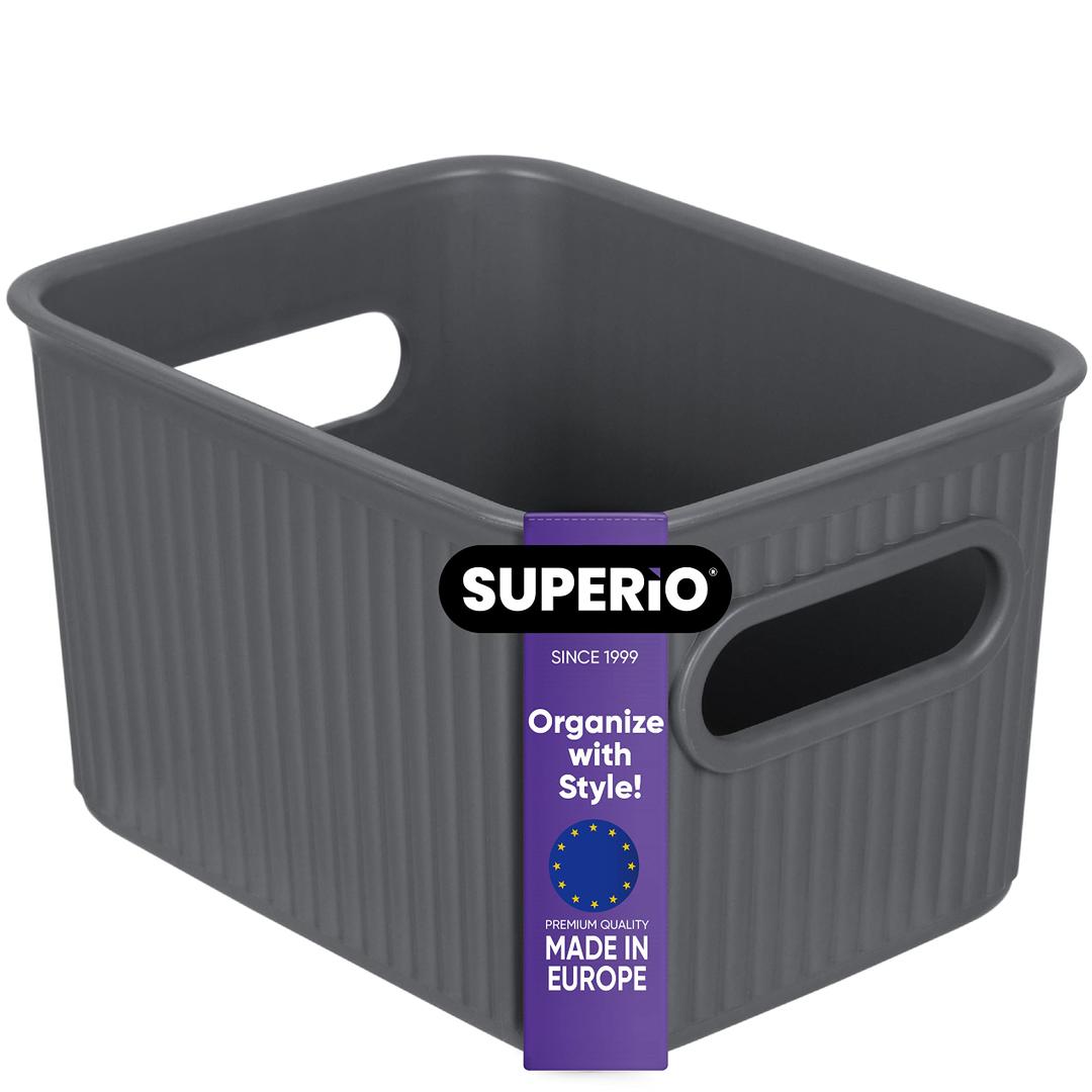 Superio Ribbed Collection - Decorative Plastic Basket Open Home Storage Bins Organizer, Small Grey (1 Pack) Container Boxes for Organizing Closet Storage Bins for Shelves Drawer Shelf 1.5 Liter
