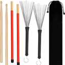 Tbrand Drum Sticks 1 Pair 5A Maple Wood Drum Sticks,1 Pair Retractable Drum Wire Brushes and 1 Pair Rods Drum Brushes set for Kids, Adults, Rock Band, Jazz Folk Students with Portable Storage Bag