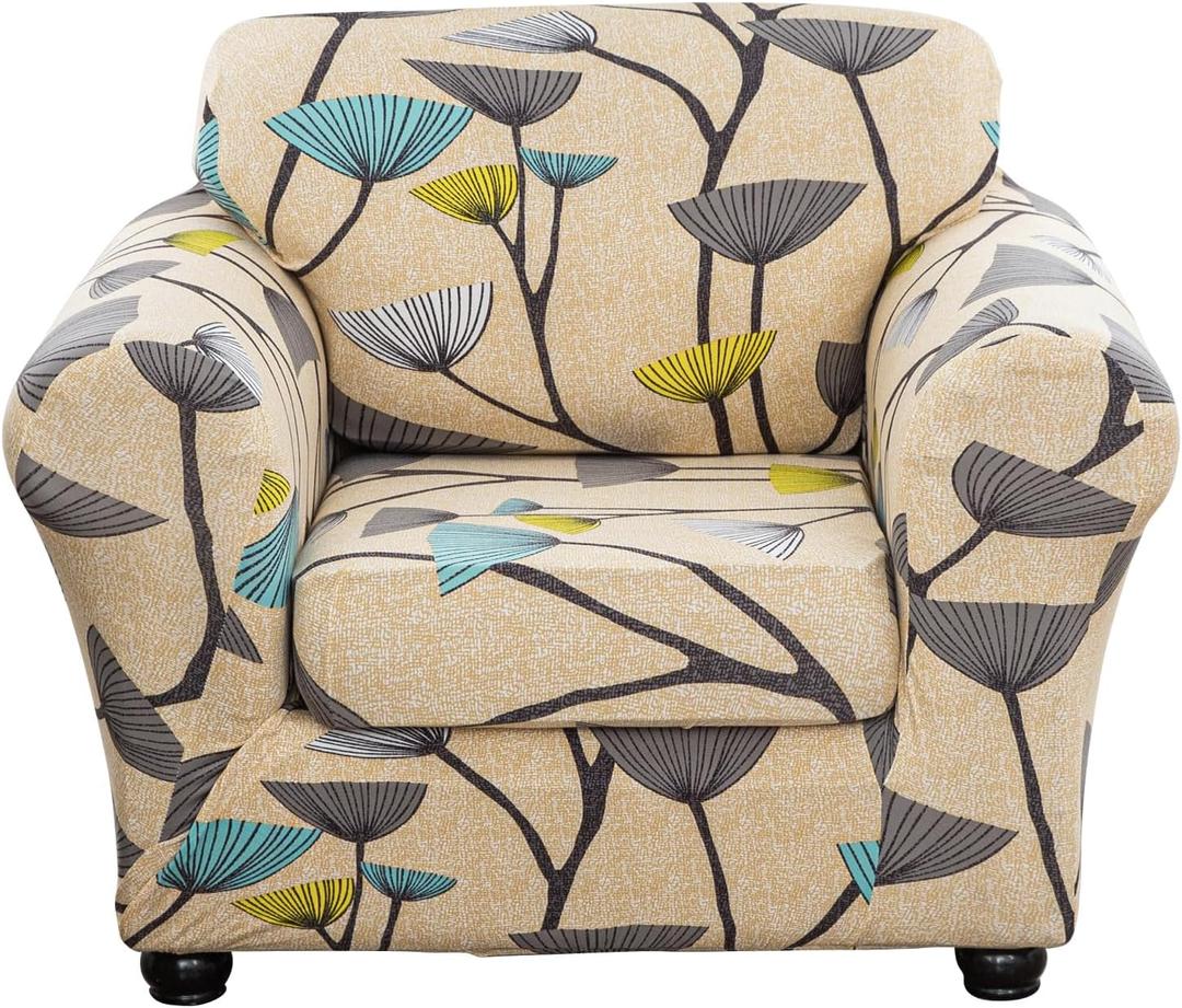 Lamberia Printed Sofa Cover High Stretch Sofa Slipcovers 2 Piece Armchair Slipcover with One Separate Cushion Cover Elastic Bottom Floral Pattern (Dandelion, Armchair)