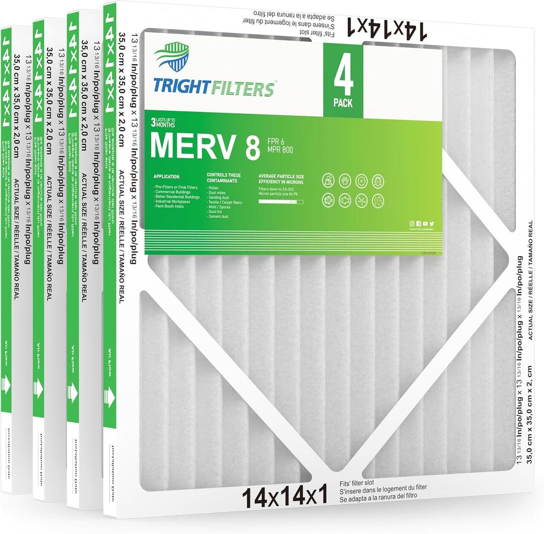 14x14x1 Air Filter 4 Pack, MERV 8 Pleated Dust Defense Air Filters Replacement Air Conditioner HVAC AC Furnace Filter, Durable and Lightweight