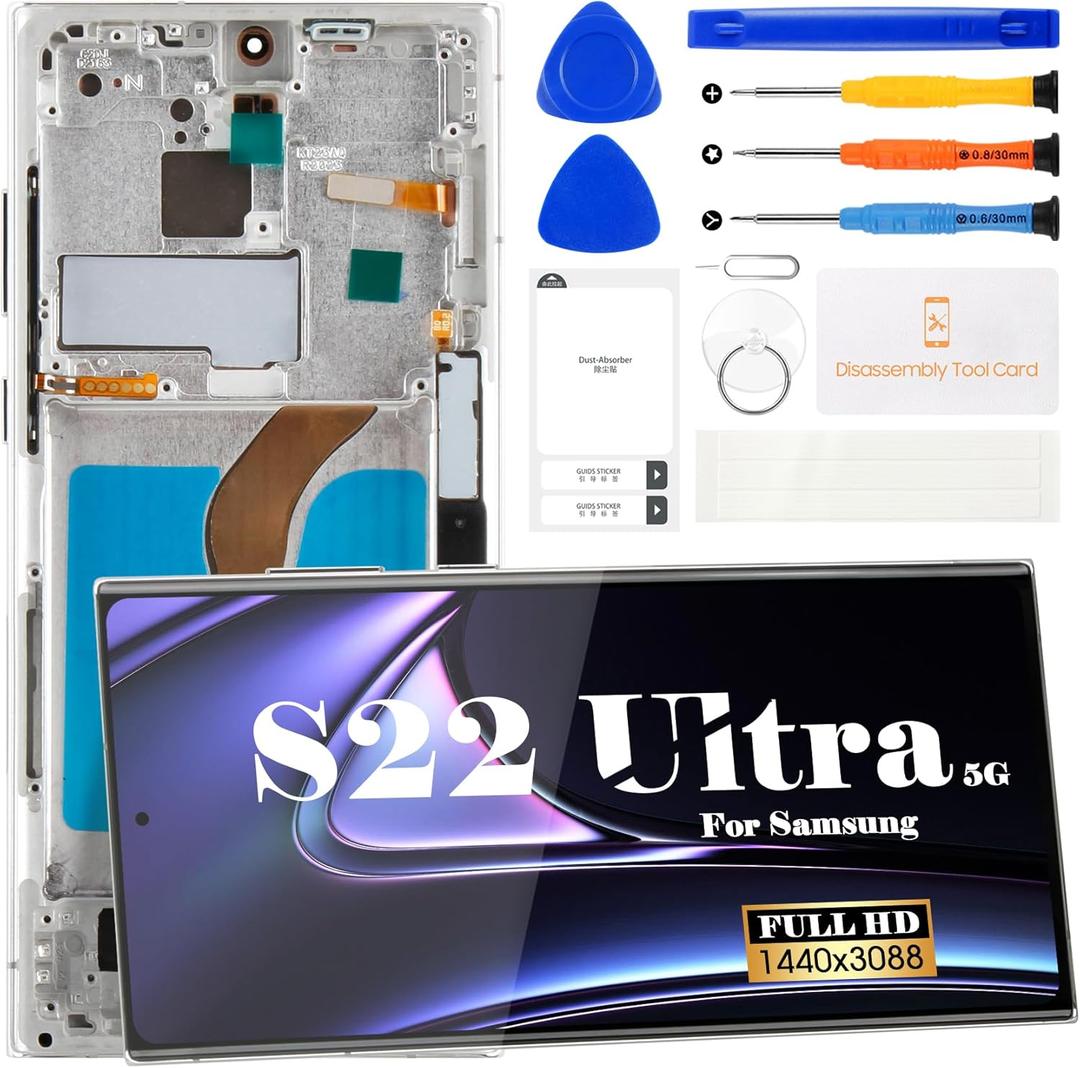 OLED for Samsung S22 Ultra 5G Screen Replacement for Samsung Galaxy S22 Ultra 5G LCD Display SM-S908 SM-S908B Digitizer Touch Screen Assembly with Frame US Version Silver (with Fingerprint)