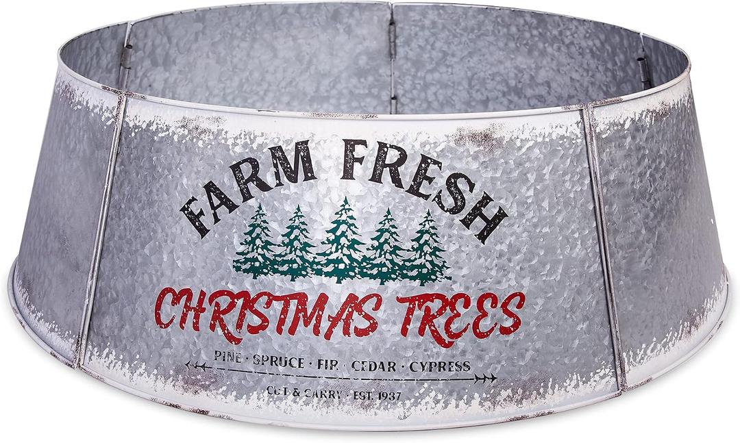 Galvanized Christmas Tree Collar - Oversized, Adjustable Metal Collar Ring for Large to XL Christmas Trees - Rustic Stand Up Tree Skirt with Distressed White Finish for Indoor Holiday Decor