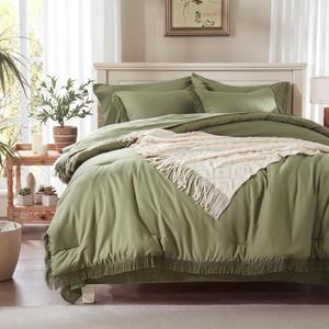 Anluoer Queen Comforter Set - Olive Green Tassel Boho Bed in a Bag 7 Piece with Lightweight Soft Fringe Bedding Sets with 1 Comforter, 2 PillowShams, 2 Pillowcases, 1 Flat Sheet, 1 Fitted Sheet