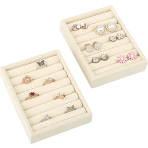 Small Jewelry Tray-Ring Organizer 2PCS Premium Velvet Rings Earrings Display Tray Storage Insert Holder for Jewelry Box, Drawer, Dresser (8 Slots, Beige)