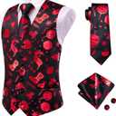 Hi-Tie Christmas Vest for Men Snowflake/Christmas Tree/Reindeer Festive Dress Waistcoat Necktie Pocket Square Cufflinks Set (Black, L)