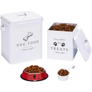 Meraki Home Small Dog Food Container and Dog Treats Container - Tight Lids - Feed Scoop and Pet Food Bowl - Farmhouse Metal Storage Bin - Glossy White