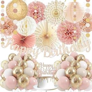 Boho-Pink Birthday Decorations, Happy Banner, Women Paper Lanterns Honeycomb, One Sweet Peach Streamers Garland, Retro Blush Pink Beige Metallic Gold Balloon for Birthdays Party Décor