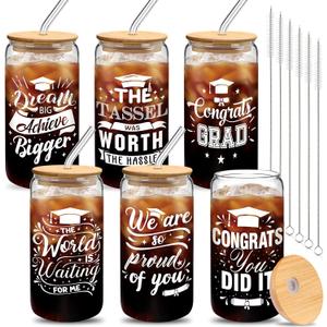 6 Set Graduation Gifts for Her Him Graduation Drinking Glass Cups the Tassel Was Worth the Hassle 16 oz Glass Cup with Lid Straw for Women Men College High School Master Degree (White)