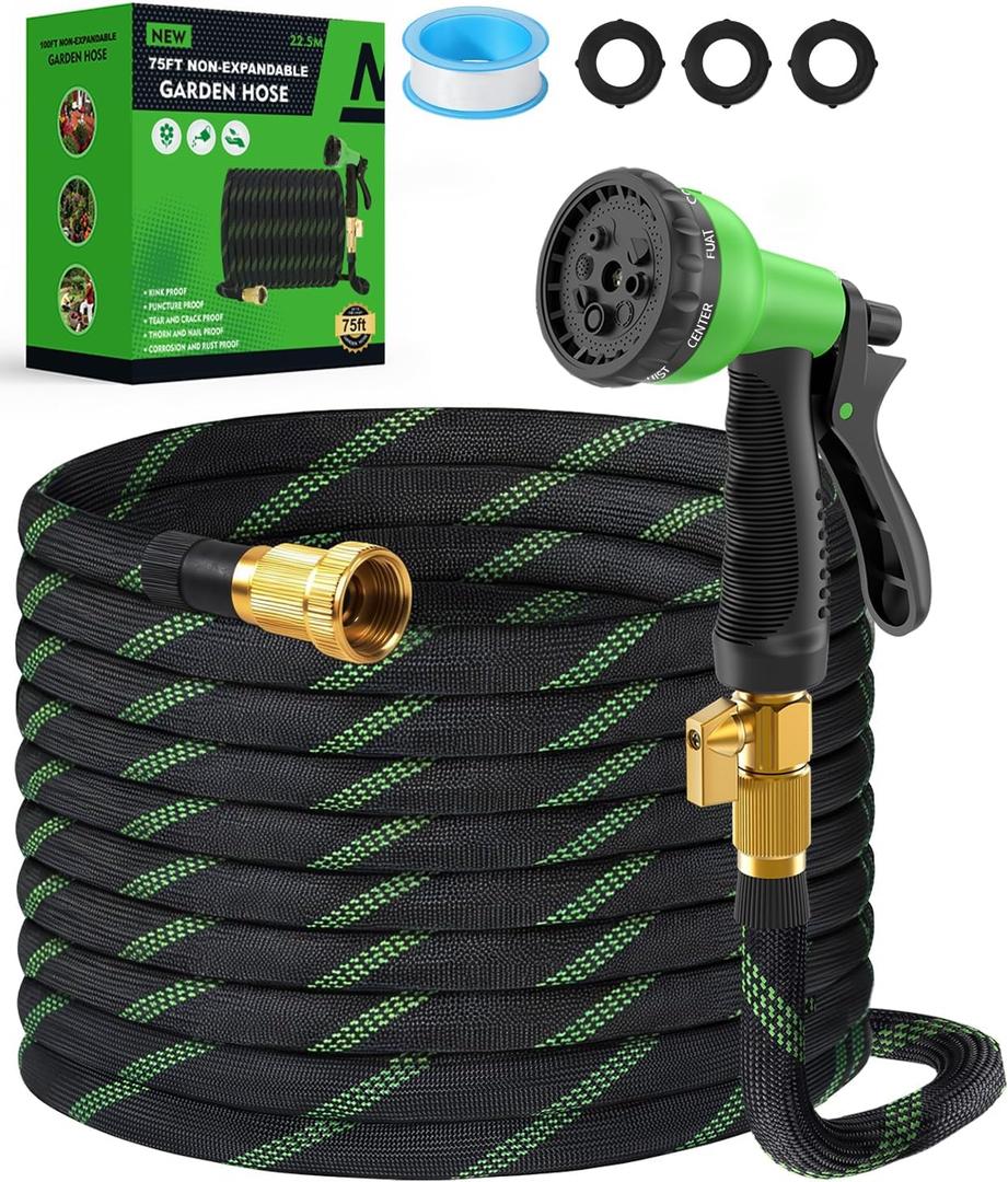 75ft Garden Hose, Non-Expandable Water Hose with 8 Function Spray Nozzle, Lightweight, Knik-Free, Burst-Resistant, Durable & Flexible 3/4" Garden Hose for Lawn, House Cleaning, Car Washing