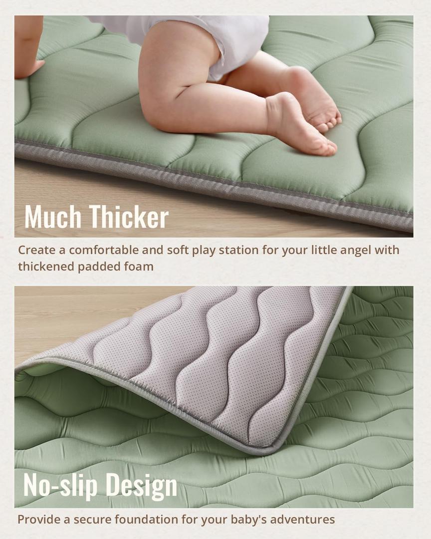Blissful Diary Baby Play Mats for Floor, 71x59 Inch Extra Thicker & Large Soft Cushioning Foam Playmats for Babies and Toddlers, Foldable Washable Baby Crawling Mat for Playpen, Sage Green