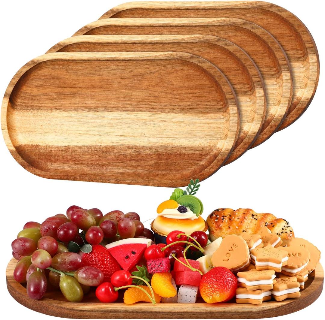 Yaomiao 4 Pcs Acacia Wooden Serving Tray Oval Shaped Rustic Wood Plates Large Decorative Natural Tray Serving Platter for Food Charcuterie Cheese Dish Bread Fruit Kitchen (14 x 7 Inch)