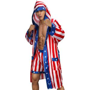 NIHONCOS Mens Boxing Costume Satin American Flag Robe with Hood Shorts Belt Cape Halloween Cosplay Outfit
