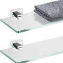 JQK Bathroom Glass Shelf, Floating Tempered Glass Shower Storage 12 by 5 inches, 304 Stainless Steel Polished Chrome Wall Mount 2 Pack, TGS201L12-CH-P2