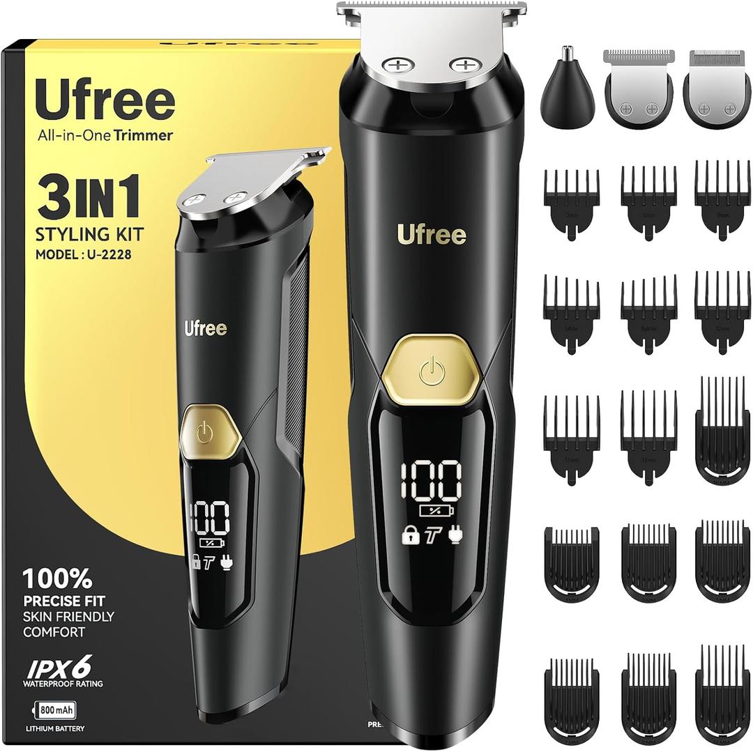 Ufree 3-in-1 Beard Trimmer for Men, Gifts for Men, IPX6 Waterproof Men's Electric Razor Shaver, Hair Mustache Trimmer Professional Clippers, Type-C Body Grooming Kit, Birthday Gifts for Him