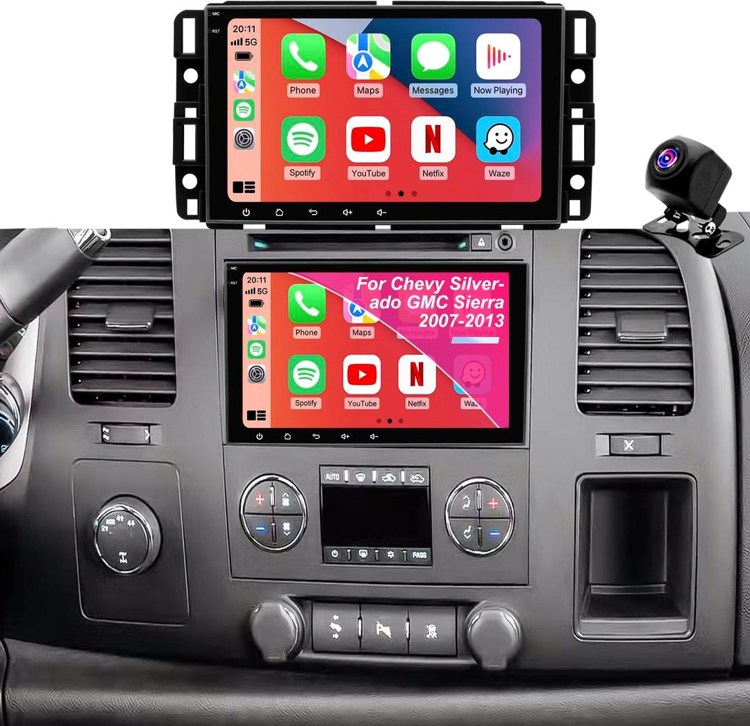 Car Radio for Chevy Chevrolet Silverado 20072013 GMC Sierra, Yukon Tahoe Suburban 20072014, Traverse 8inch Touchscreen Stereo Headunit with CarPlay Android Auto Bluetooth GPS 5GWiFi Backup Camera FM
