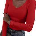 Roselux Womens Long Sleeve V Neck Ribbed Knit Fitted Casual Tops Tee Slim Basic Shirt (Red) X-Large