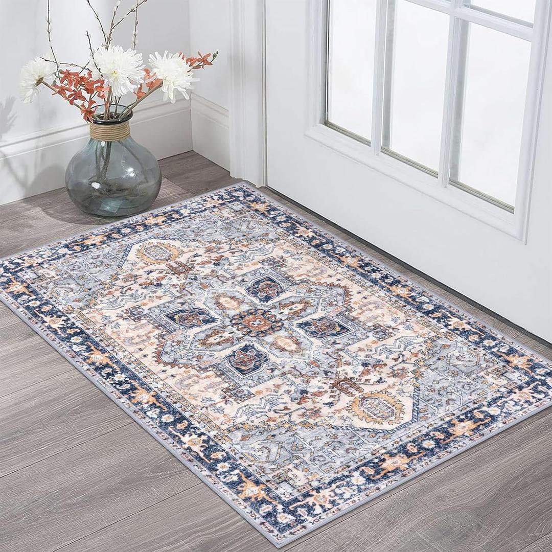 KOZYFLY Small Area Rug 2x3 Ft Rugs for Entryway Washable Boho Entry Rug Non Slip Door Mat Indoor Entrance Faux Wool Vintage Printed Kitchen Rug Throw Rugs for Entrance Kitchen, Blue Gray/Cream
