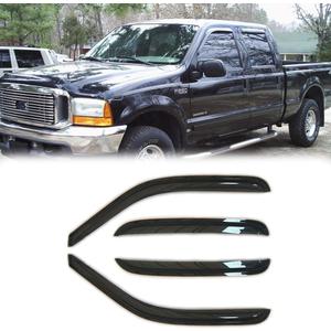 94522 Side Window Wind Vent Deflector, 4pcs Out-Channel Tape-On Rain Guards Set, Dark Smoke Nice Window Visor fit for 1999-2016 Ford F250/F350/F450 Super Duty Super Extended Cab (99-16 SuperCab/Extended Cab)
