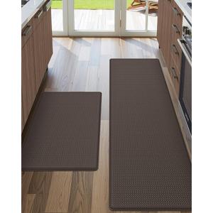 DEXI Kitchen Floor Mats Cushioned Anti Fatigue,17x29+17x59, Standing Runner Rug Waterproof, Comfort Memory Foam Padded for Front Sink Laundry Set of 2, Brown