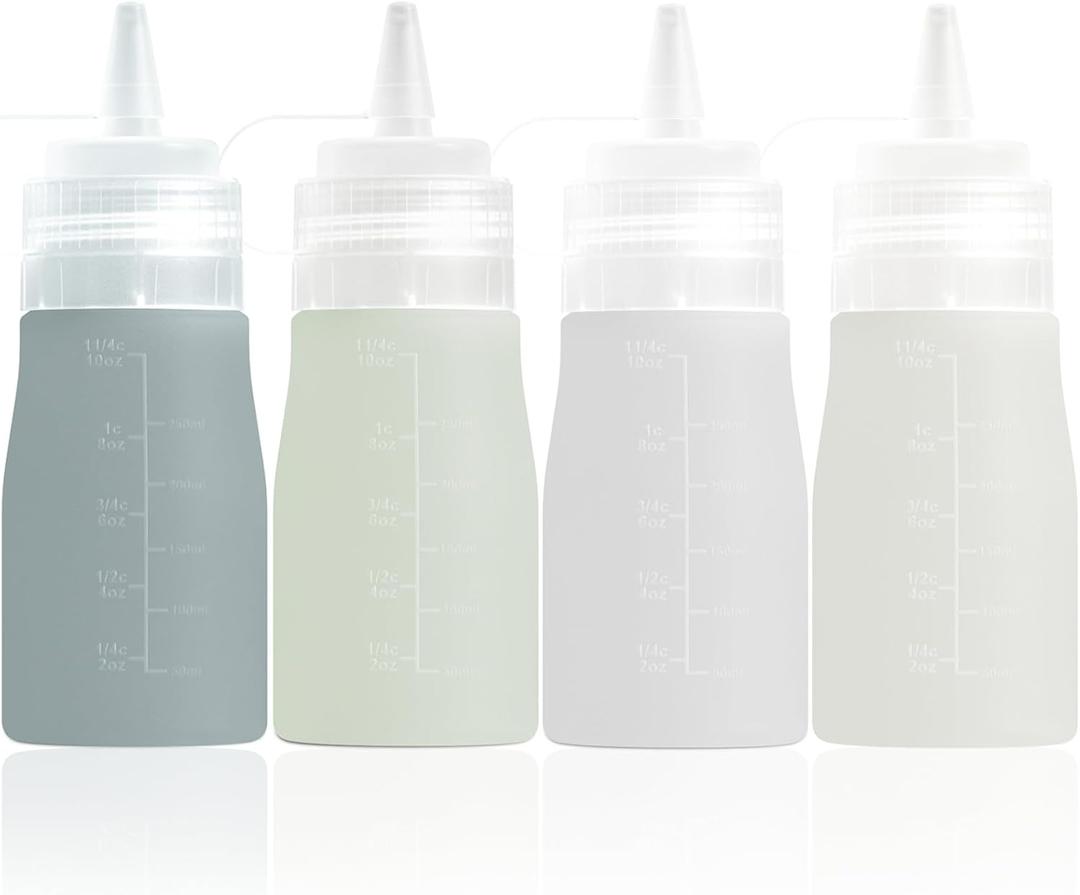 Condiment Squeeze Bottles, 12 oz Silicone Squeeze Bottles For Sauces, Leak Proof Condiment Containers with Extra Interchangeable lid, Easy Squeeze for Oil, Honey & Dressings, BPA FREE (4 Pack) (Grey)