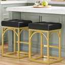 HOOBRO Bar Stools, Set of 2 Bar Chair, 24.4" Counter Height Bar Stools with Curved Footrest, PU Upholstered with Metal Frame, Barstools for Kitchen, Living Room, Bar, Gold and Black BD80BYP201