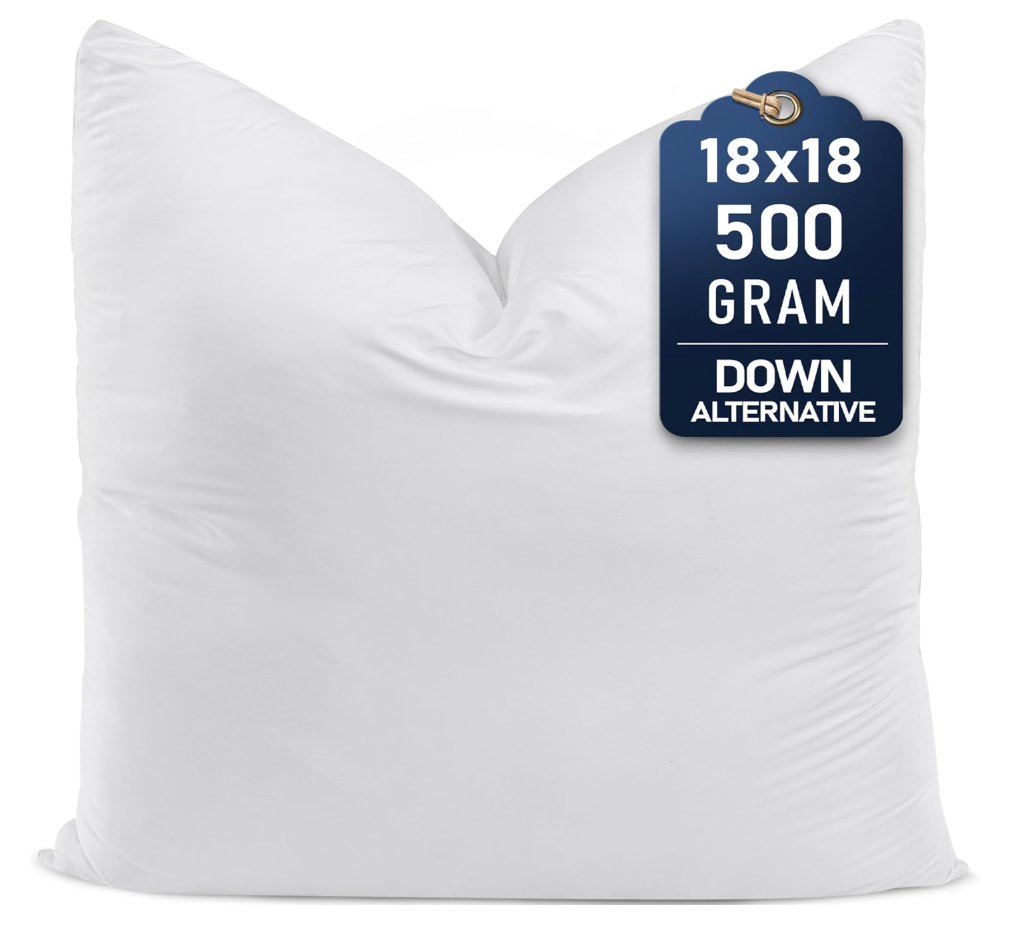 Pillows (Set of 1, White) – 18 x 18 Inches Down Alternative Pillows for Bed, Sofa, and Couch - Fluffy Decorative Stuffer Pillow for Indoors & Outdoors