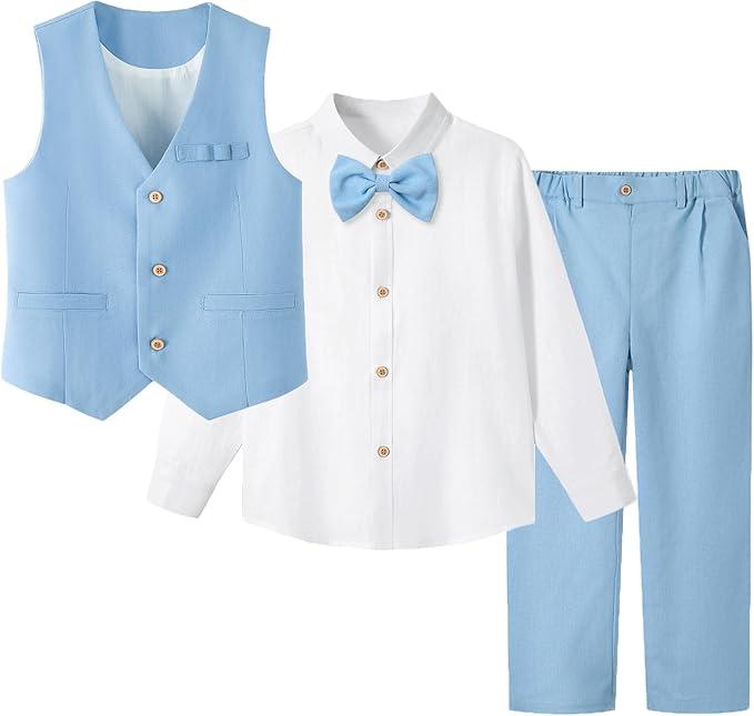 Boys Linen Suit Dress Clothes Kids Graduation Wedding Outfit 4 Piece Shirt Vest Pants Set with Bow Tie Size 90