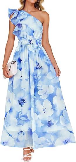 ZESICA Women's 2025 Boho Floral Sleeveless Maxi Dress Ruffle One Shoulder Elatsic High Waist Beach Party Long Dresses, Light Blue,  XL