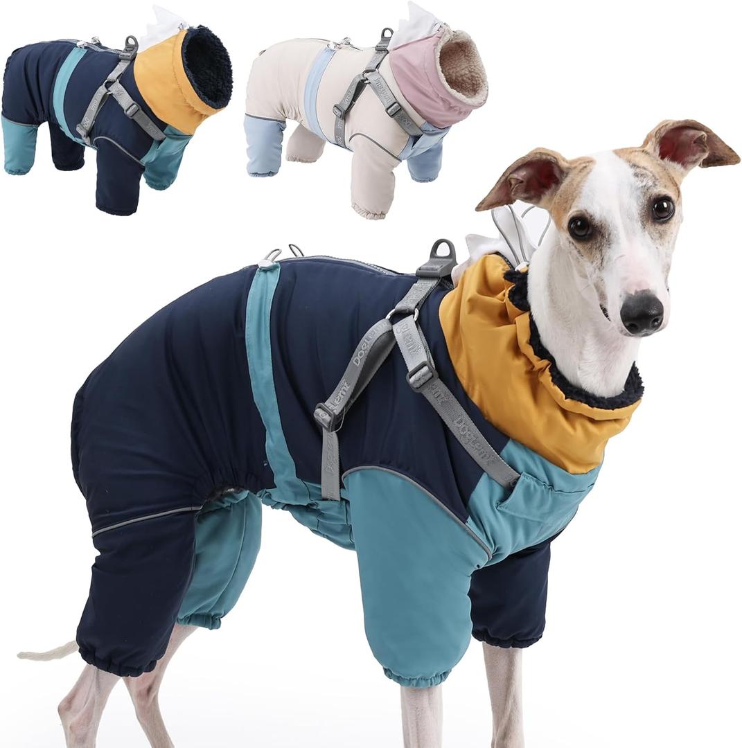 Dog Snowsuit with Built-in Harness, 4-Leg Full Body Winter Coat, Fleece Lined Puffer Jumpsuit with Back Zipper & Reflective Trim for Dogs (Blue, Large)