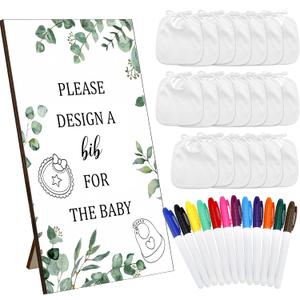 Panitay 43 Pcs Baby Shower Games White Bibs Design, Include Wooden Baby Shower Game Sign, 30 DIY Blank White Bibs, 12 Markers for Gender Reveal Party Decorating Supplies(Greenery)