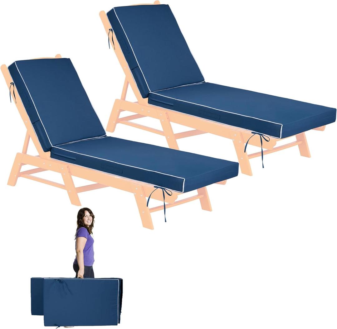 72 x21 x4 Inch Chaise Lounge Cushions Outdoor, 6 Ties and 2 Handles, Removable Waterproof Fade Cover, Patio Lounge Chair Cushion for Outdoor Lawn Deck Pool Furniture,2Pcs, Blue White Piping