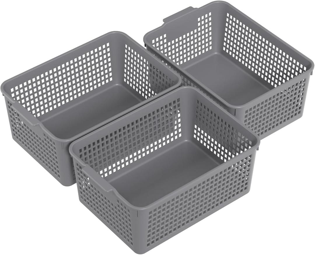 Readsky 3 Packs Plastic Storage Basket Desktop Organizer, Large Storage Baskets, Gray