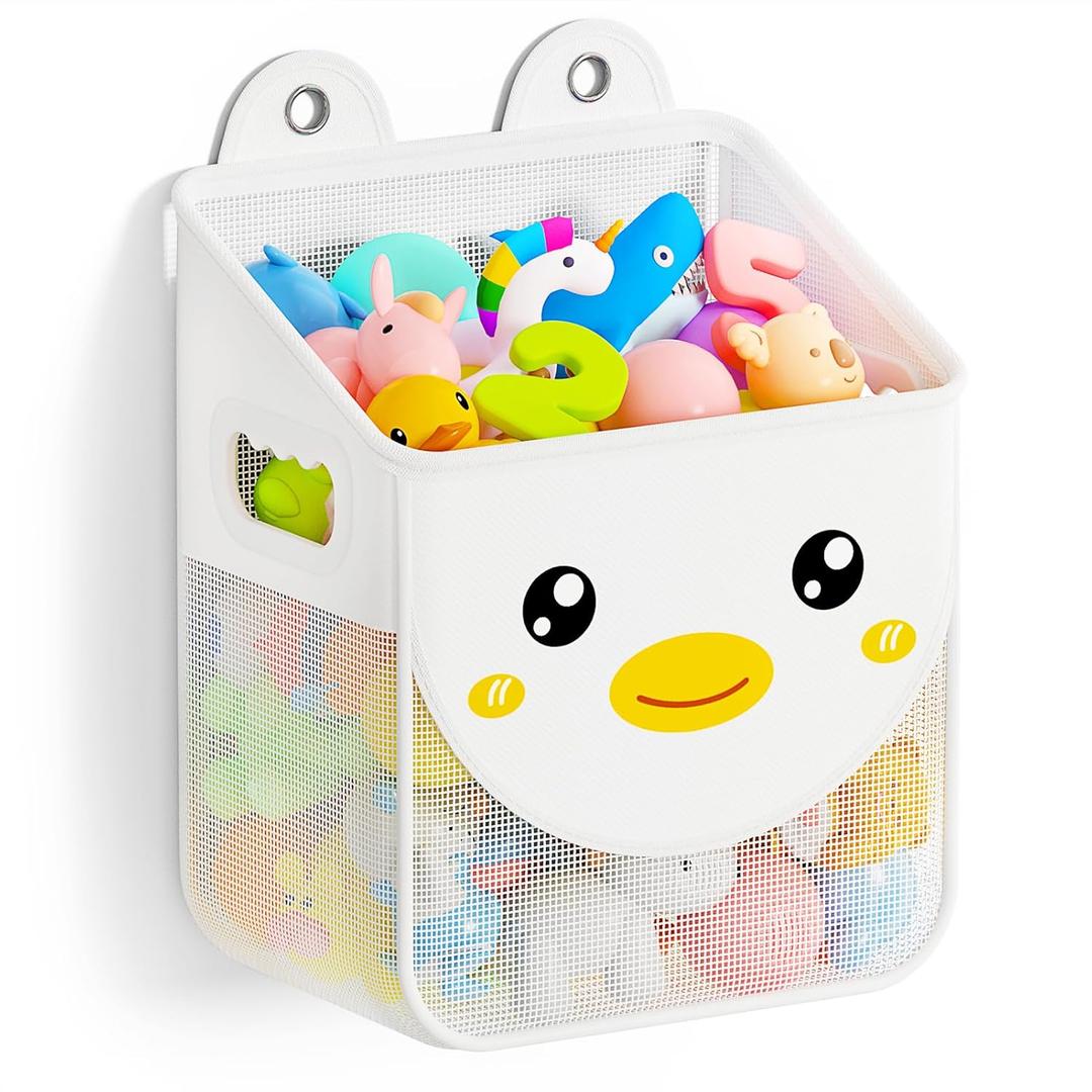 Quick Fetch Way Bath Toy Storage, Cute Mesh Bath Toy Organizer, Large Capacity and Large Opening Baby Bathtub Toy Holder for Tub, Multipurpose Mesh Shower Bag (White)