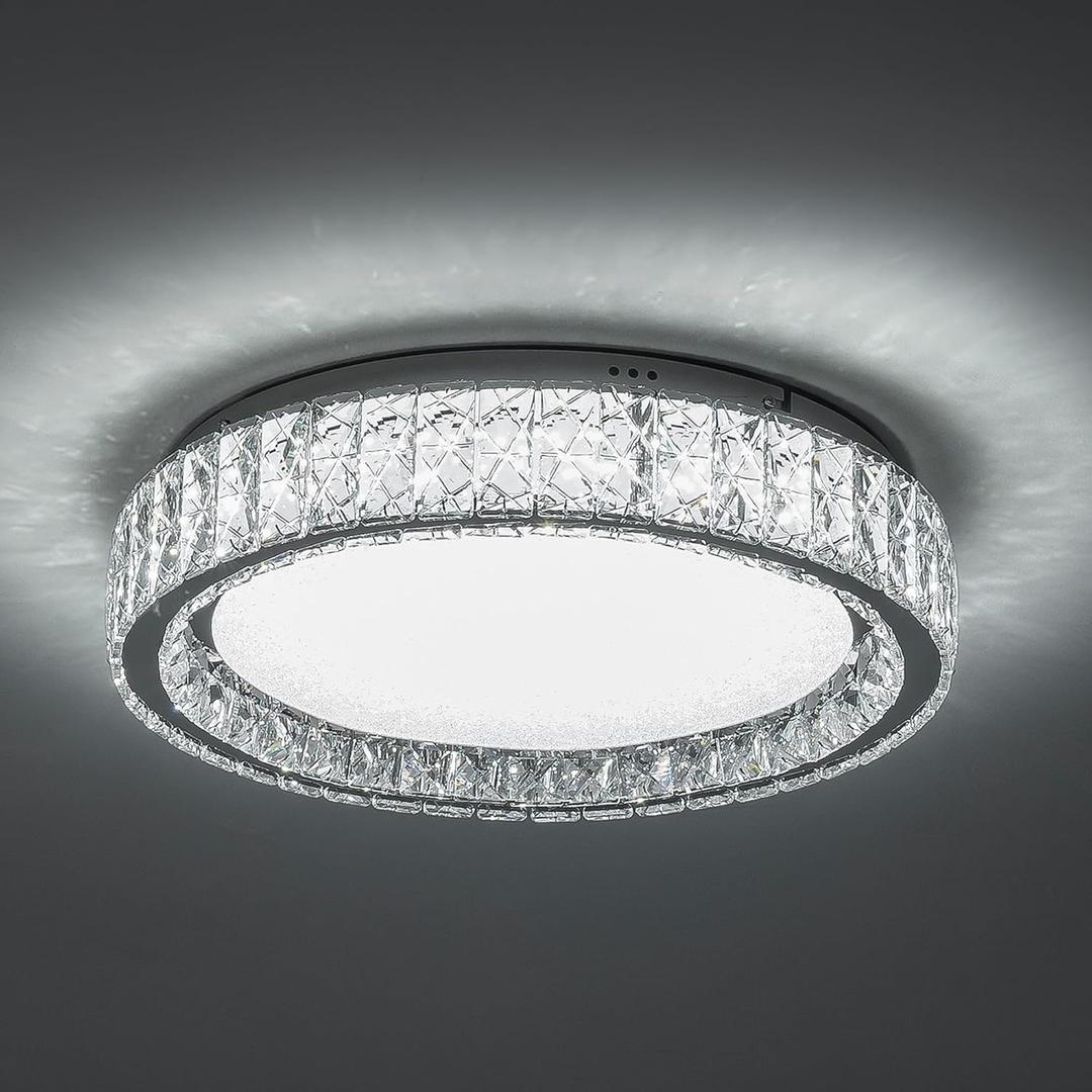Krychiler Crystal Ceiling Light LED Flush Mount Lighting, 21.6" Large Diamond Ceiling Light Fixture for Living Room, Dimmable Crystal Fixture Bedroom Lighting for Kitchen,Bathroom